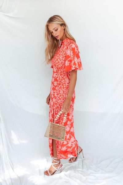 Orange floral twist neck midi dress